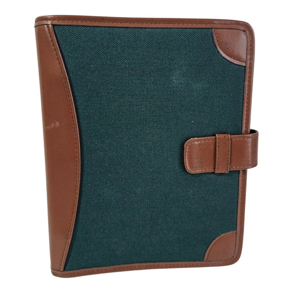 Vintage Day Timer Binder 3 ring Green Canvas Brown Trim Dividers Paper Slot